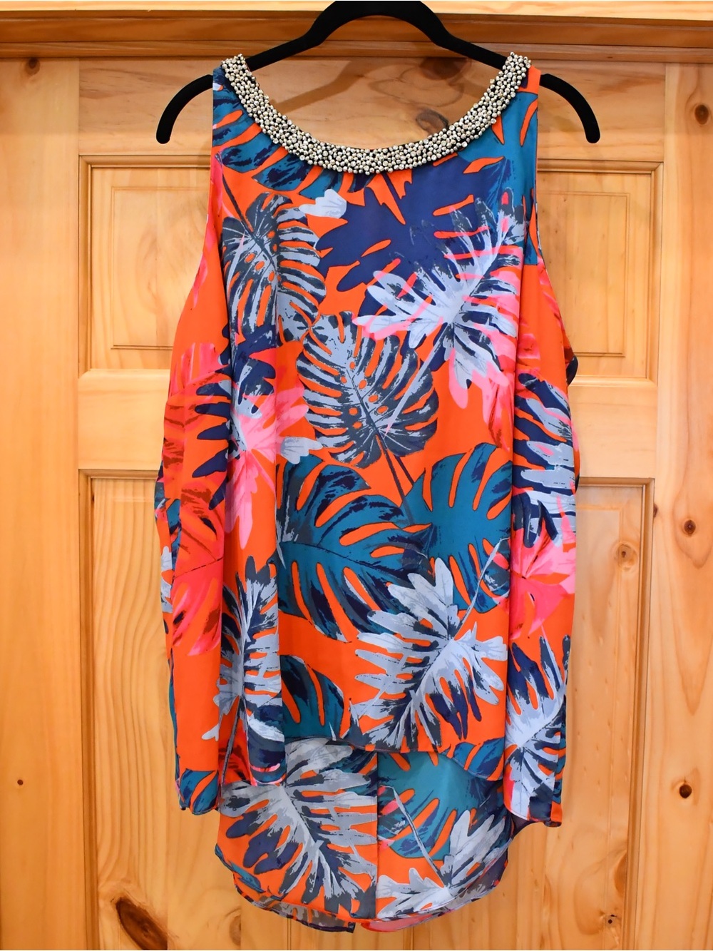 Beaded-Neckline Tropical Print Tank Top in Red, Pink & Blue 1X Jennifer Lopez